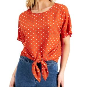 Bar III Women’s Front-Tie White Polka Dot Orange Top